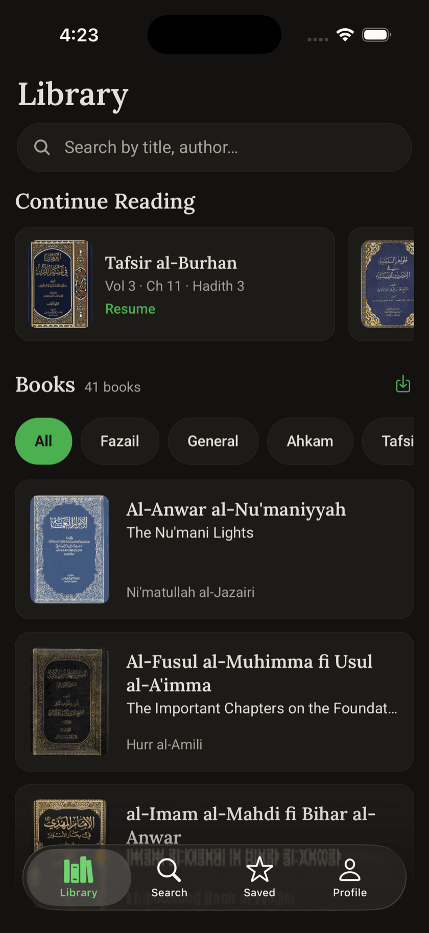 Shia Library iOS app — the Library tab with a Continue Reading shelf and a 41-book grid under category filters.
