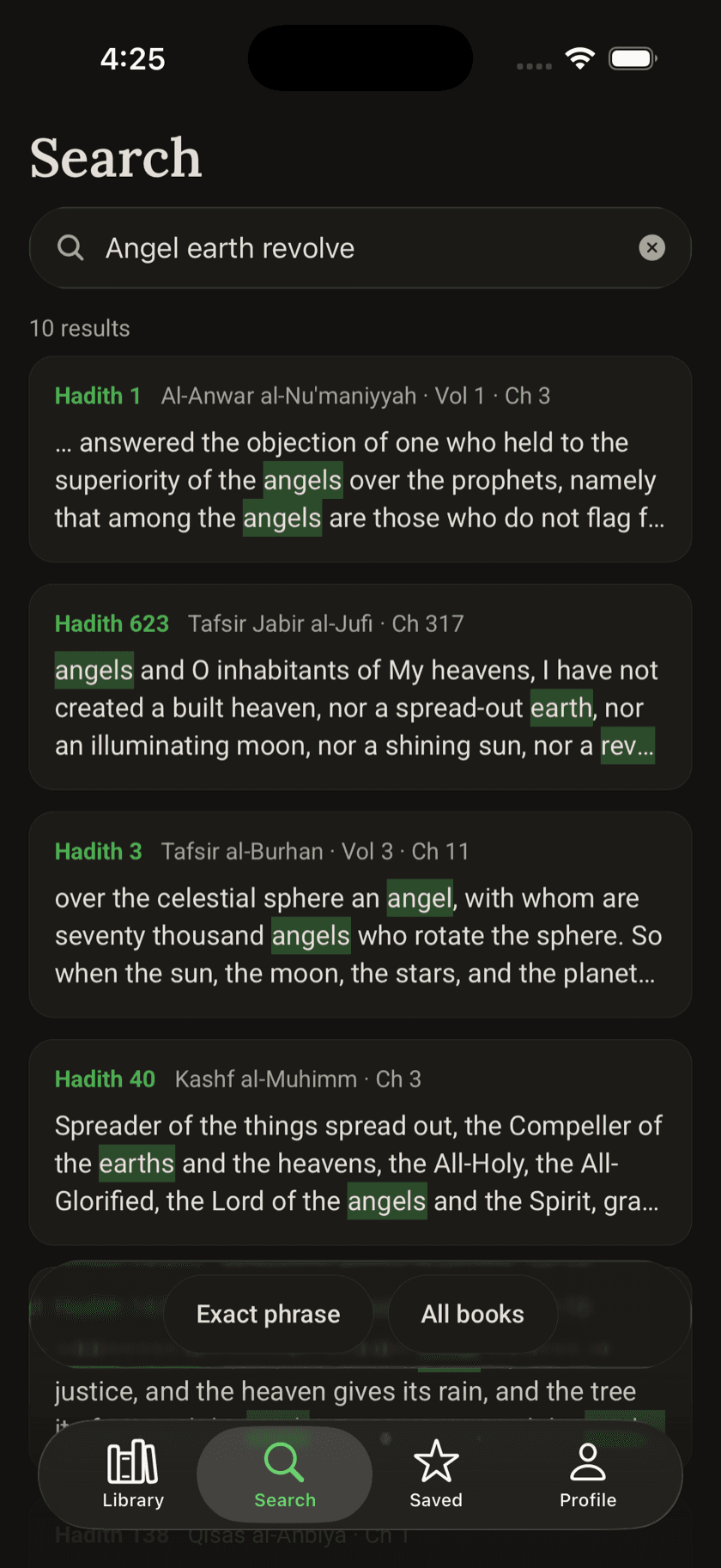 Shia Library iOS app — search results with matched terms highlighted across several books.